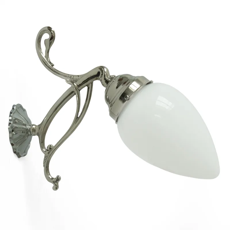 Kracherpreis Jugendstil-Wandleuchte mit verziertem Messing-Wandarm, vernickelt und verchromt